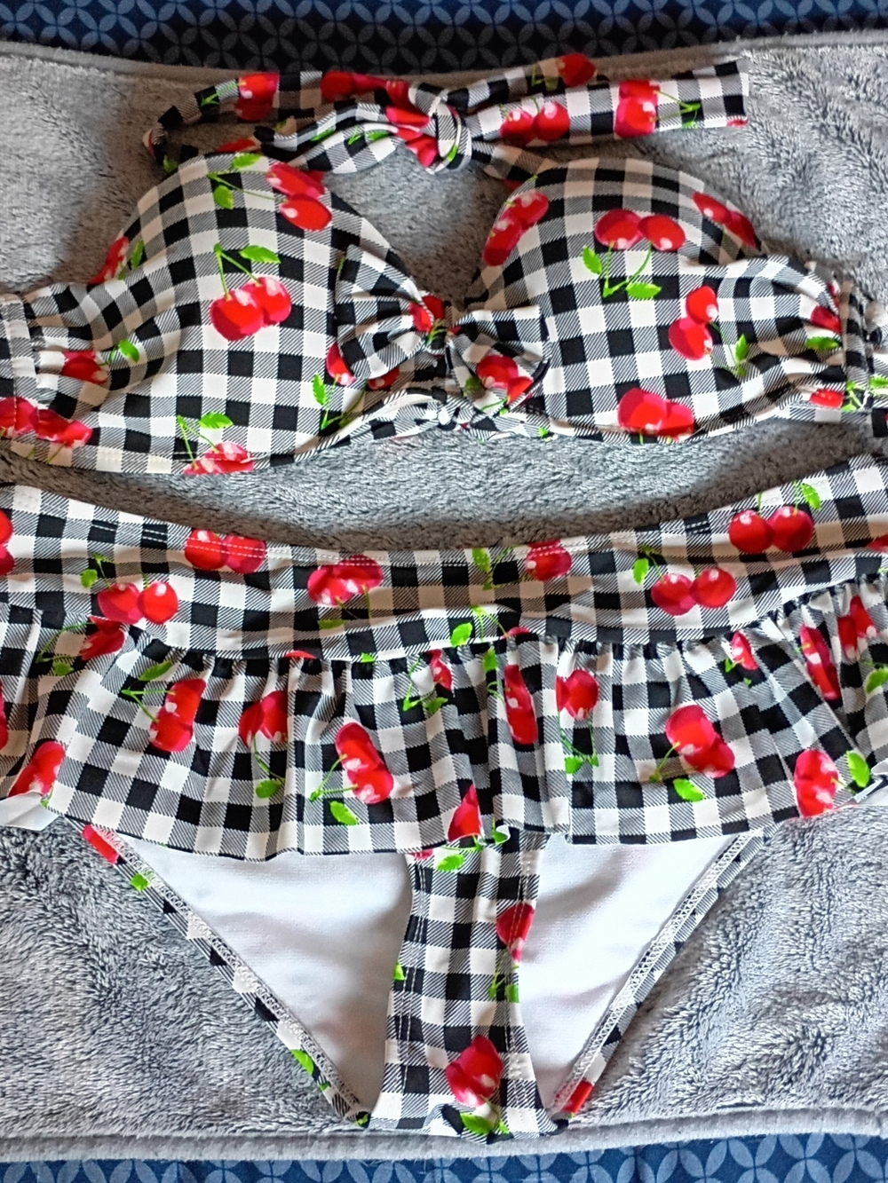 Hot Topic Black and White Gingham Bikini with Red Cherry Print